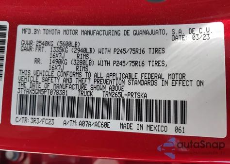2023 Toyota Tacoma Sr5 from USA, damaged, VIN 3TYAX5GN5PT078381